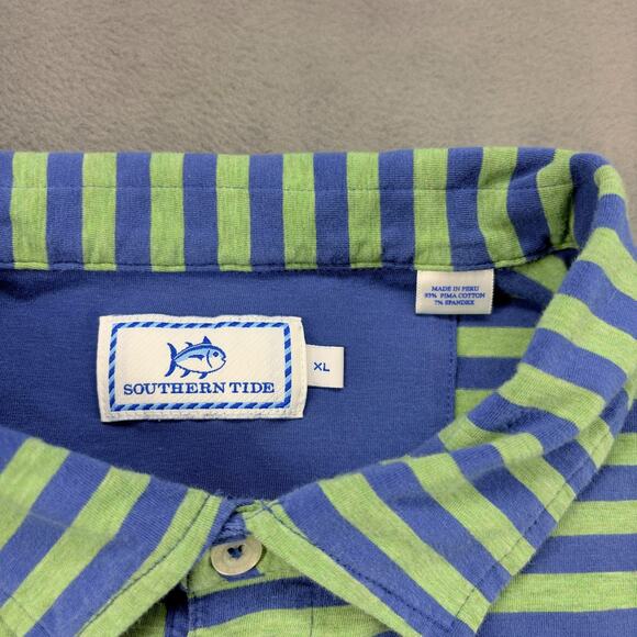 Southern Tide Polo Shirt Men's XL Green/Blue Striped Short Sleeve Pima Cotton - Picture 3 of 6